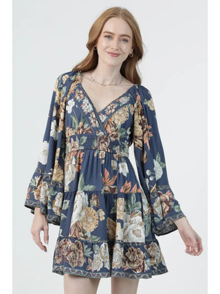 Sunday in Savannah floral bell sleeve dress with crochet neckline and smocked waist