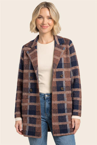 Women's copper and navy plaid cardigan with tailored collar, button details and patch pockets