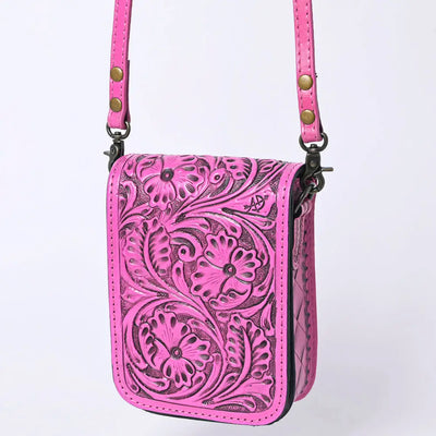 Fuschia Leather Tooled Foldable Pouch