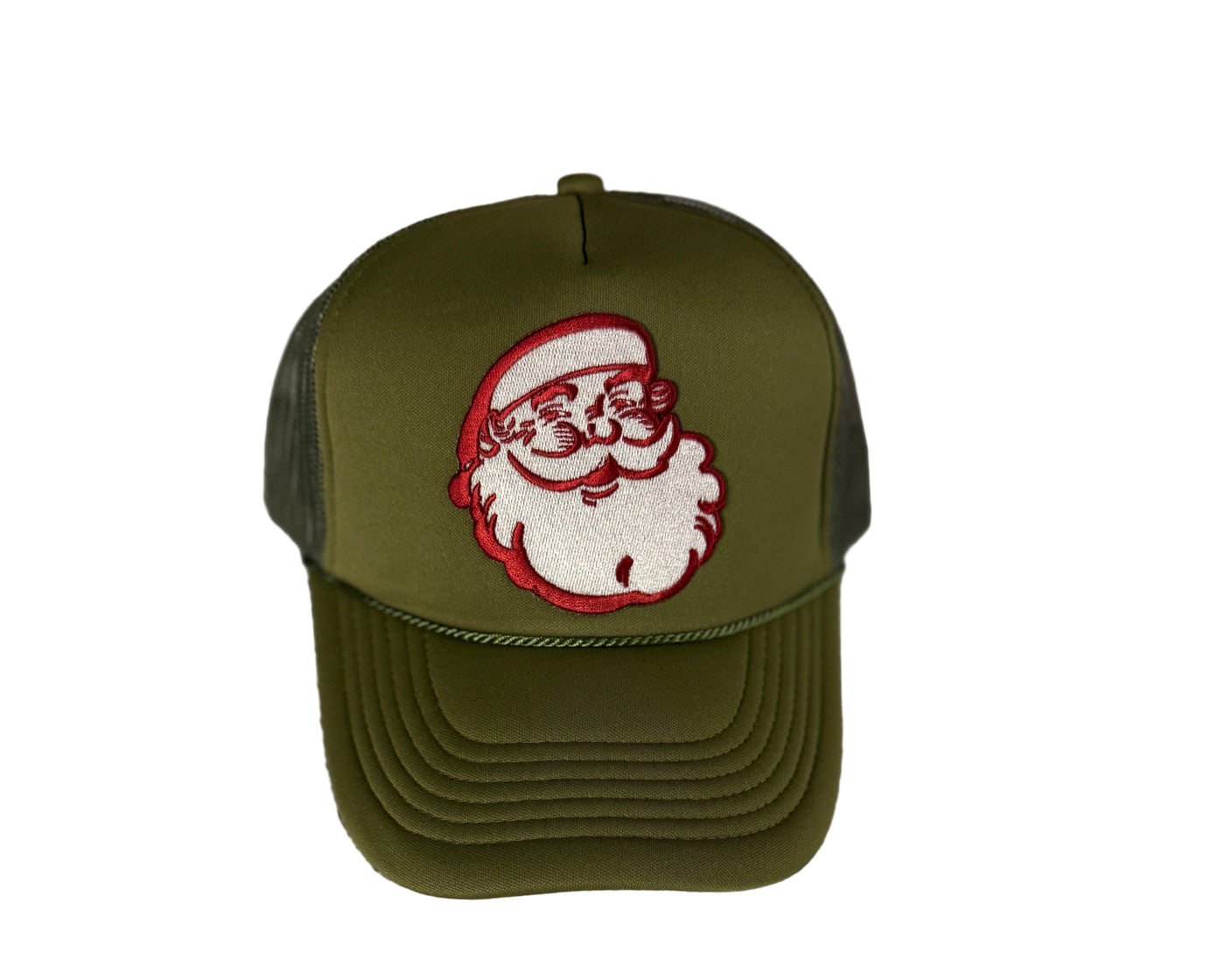 Green cap with a Santa Claus patch on a textured white background