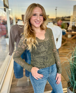 Army green lace long sleeve top scalloped  v-neck 