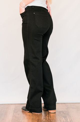 Women's Judy Blue Midnight black high-waisted straight leg jeans with front patch pockets.