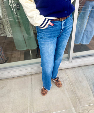 Sundown high rise tummy control straight leg jeans with raw hem