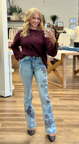 Untamed Rose Bootcut Jeans with floral embroidery and washed denim