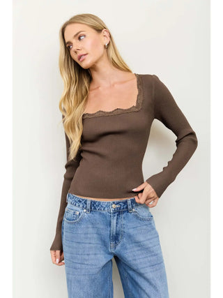 After Hours chocolate brown ribbed long sleeve sweater with square neckline and lace trim